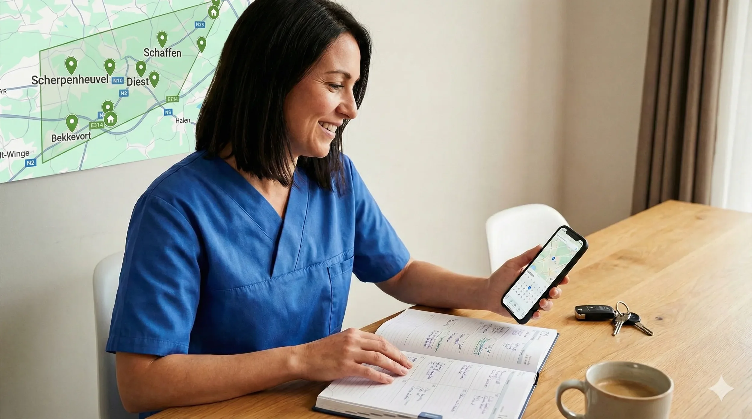 Thuisverpleegkundige plant huisbezoeken in regio Diest, Schaffen, Meldert en Bekkevoort.