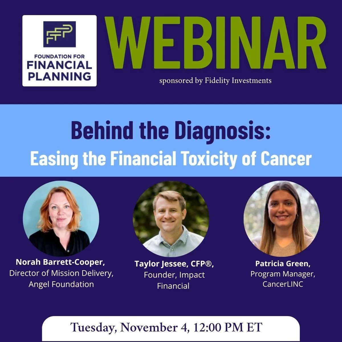 Foundation for Financial Planning flyer for a webinar on "Easing the Financial Toxicity of Cancer"