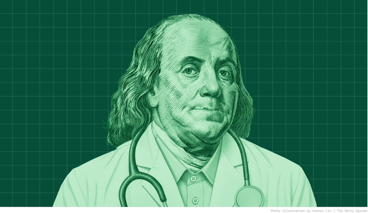 Picture of Ben Franklin from $100 bill but with him dressed in a doctor's white coat with stethoscope around neck