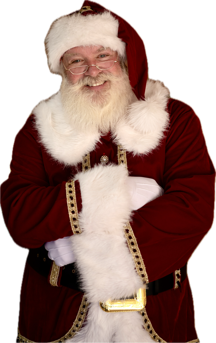 Santa in a red velvet suit, arms folded, smiling