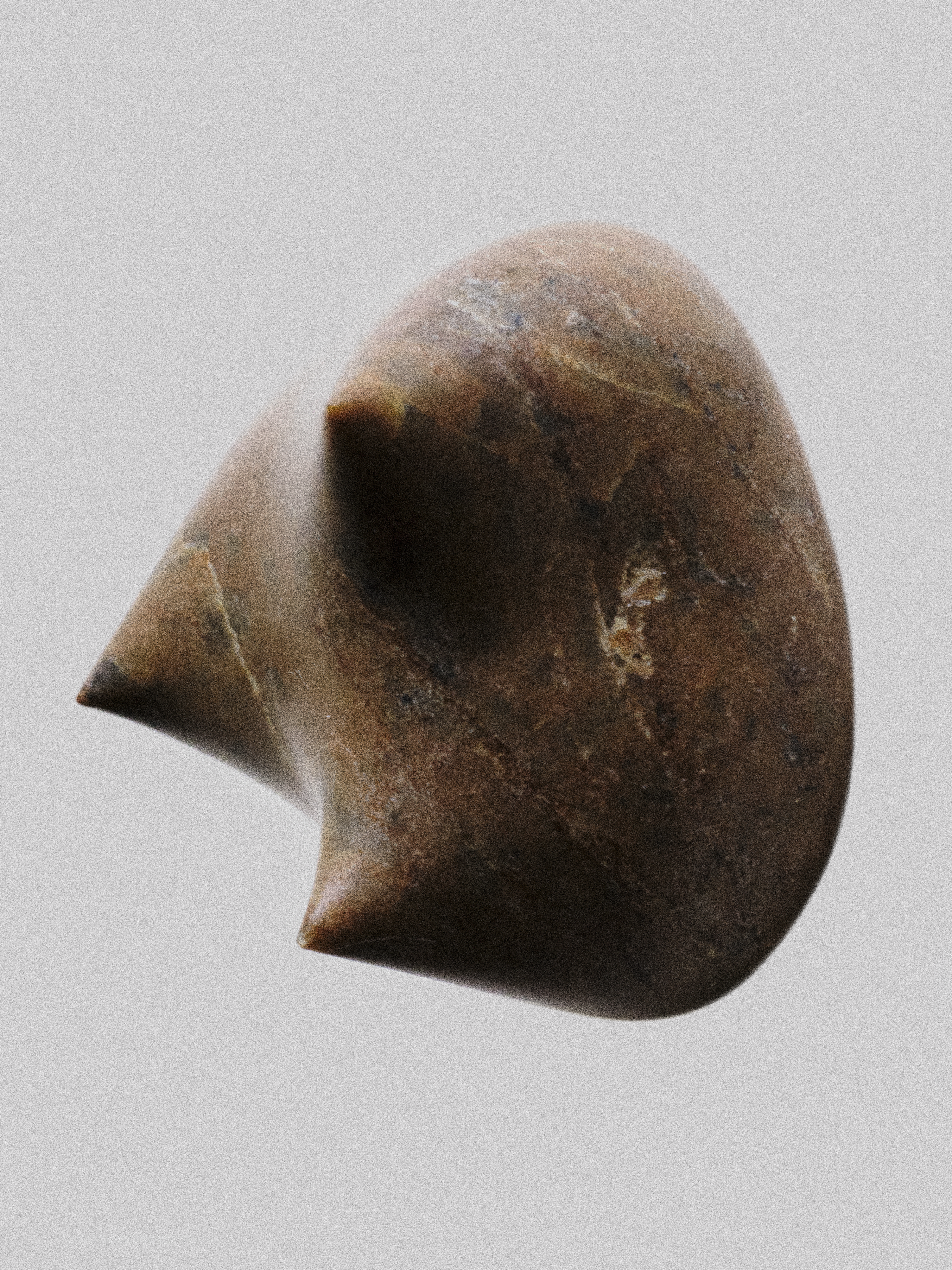 Close-up of a rusted, brown, three-spiked metal object against a plain, light background.