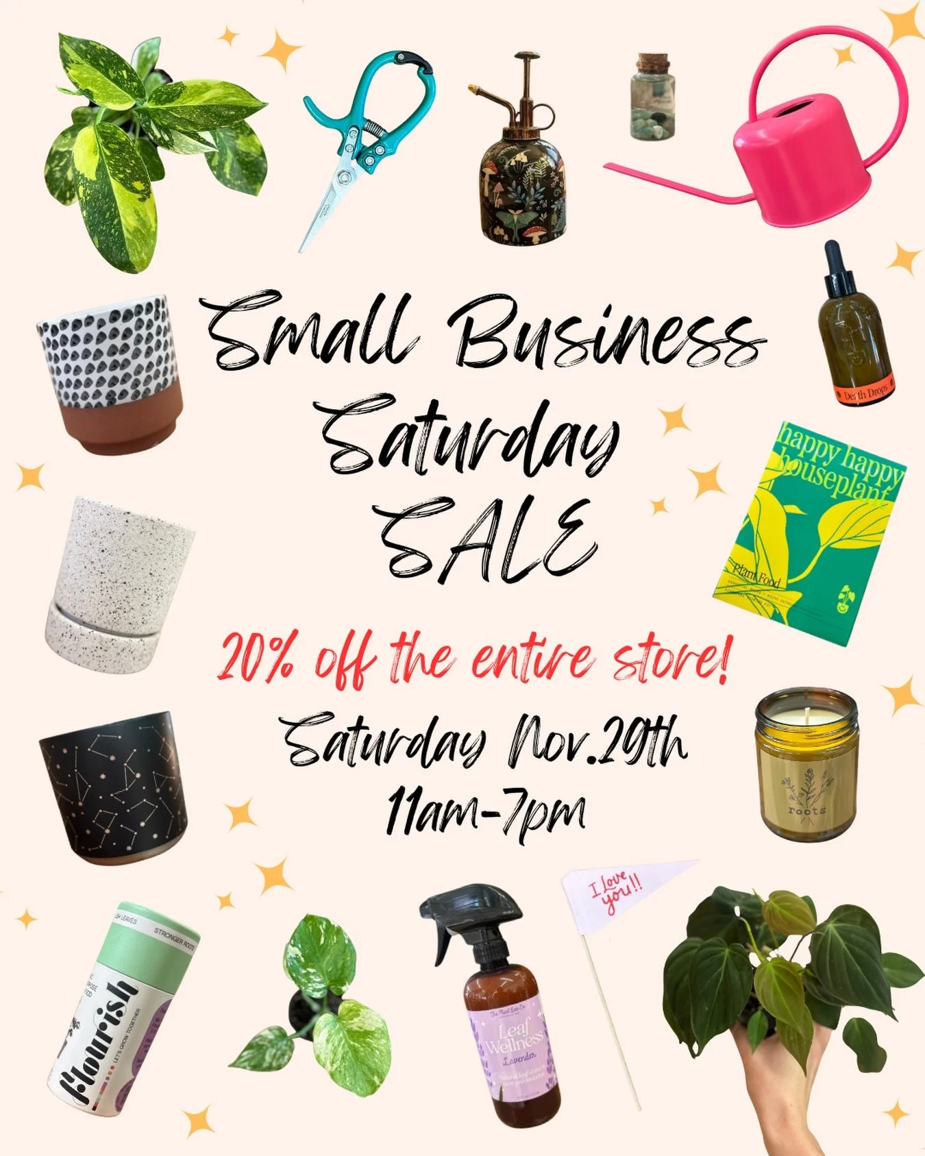 Small Business Saturday is almost here! Thank you for showing up and shopping local. 

Stop in on Saturday November 29th for 20% off the entire store all day long! 

*Plants, pots, accessories, merch, and more!

See you there! 🌿