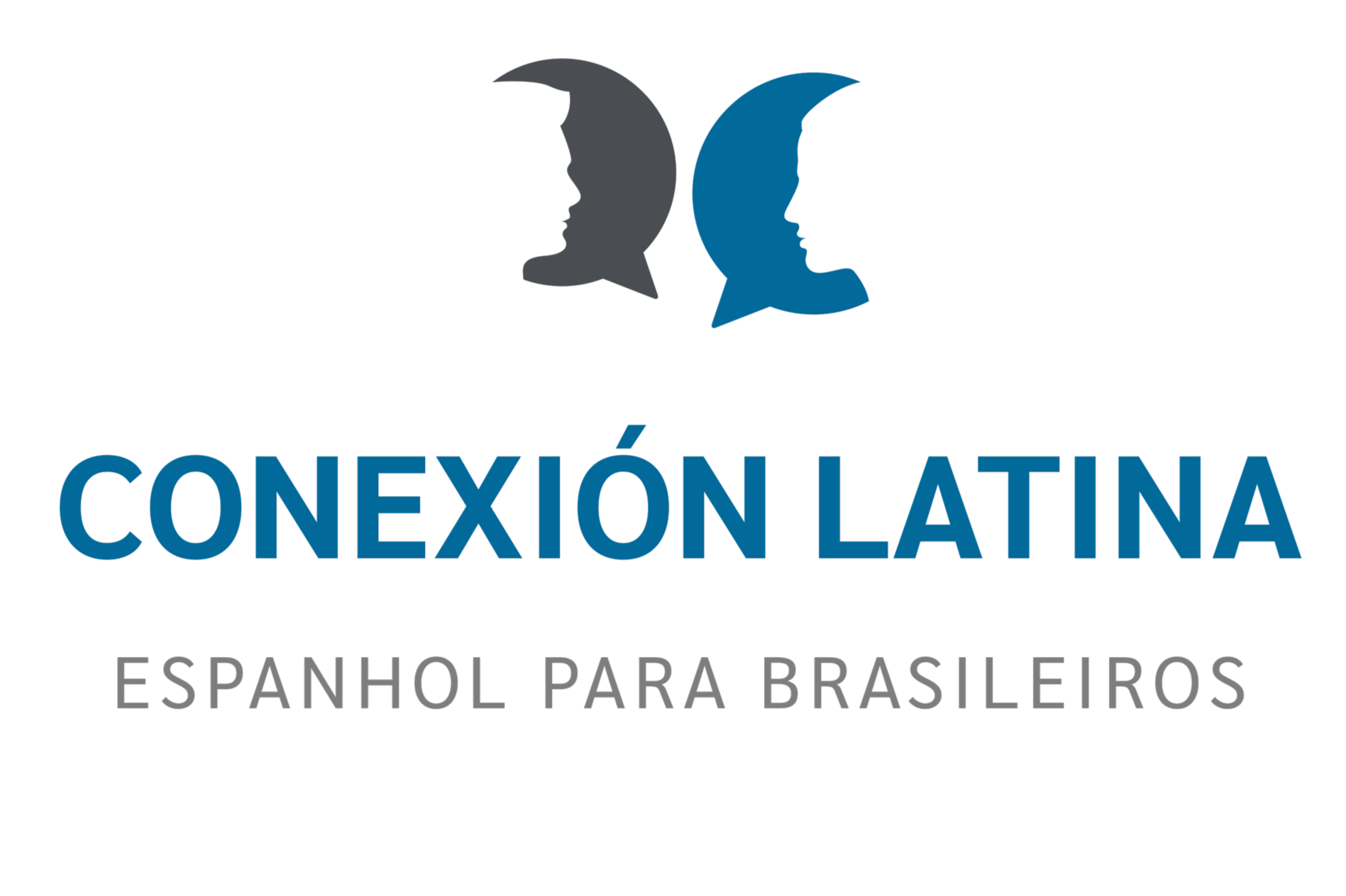 Logo for Conexión Latina with two overlapping speech bubbles, one gray and one blue, text in Portuguese and Spanish indicating it is a Spanish program for Brazilians.