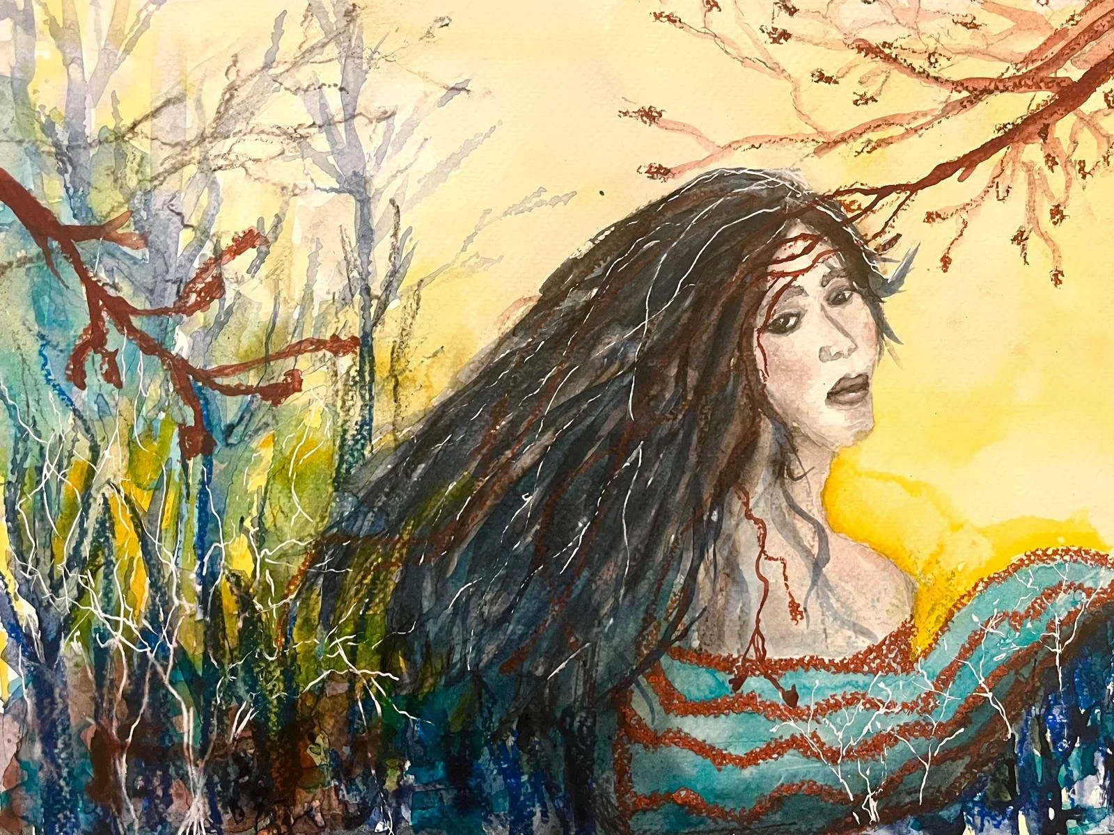 The Forest Whisperer. 9"x 12" Mixed Media on Watercolor Paper. Available.