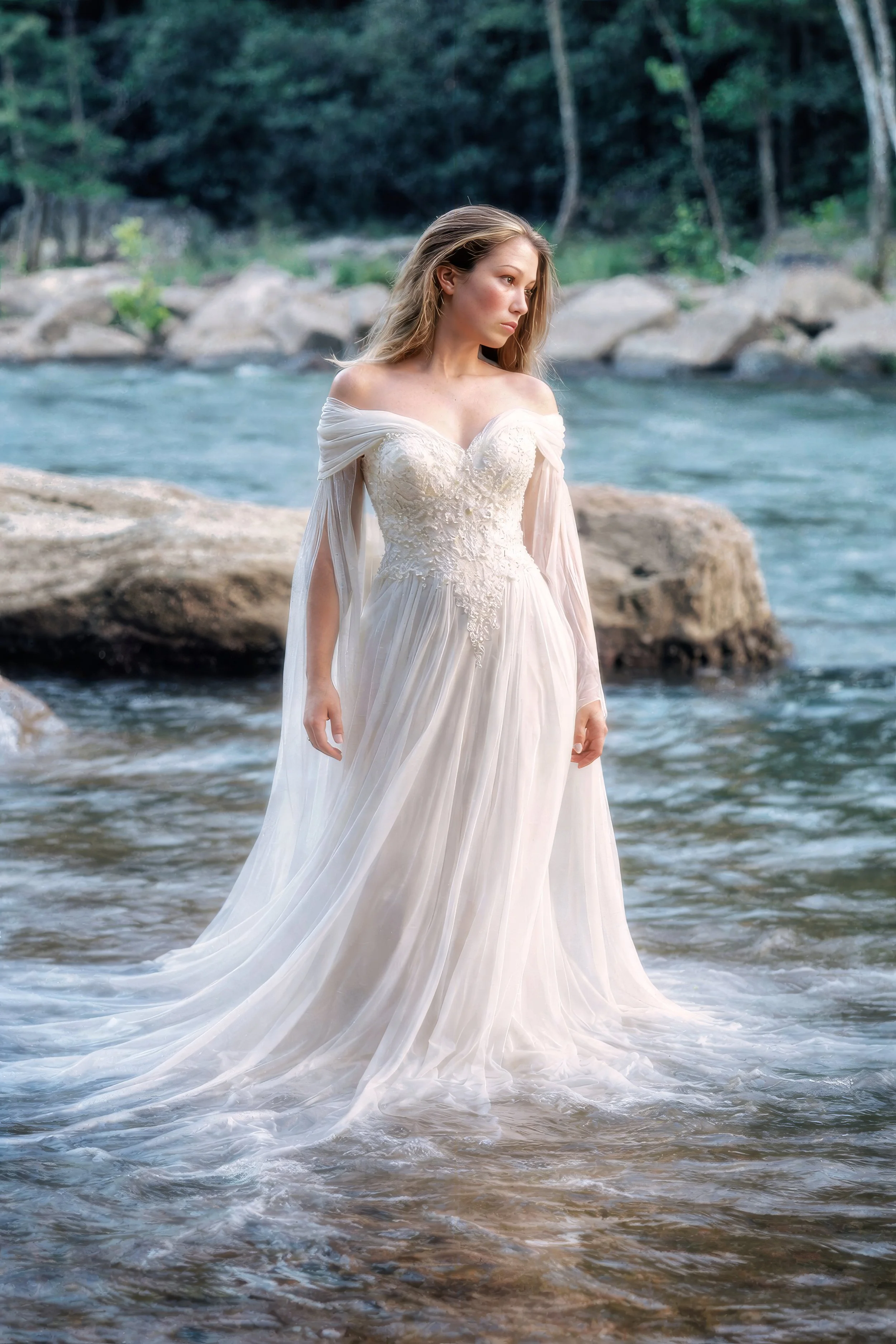 Trista wearing flowing gown standing in river.jpg