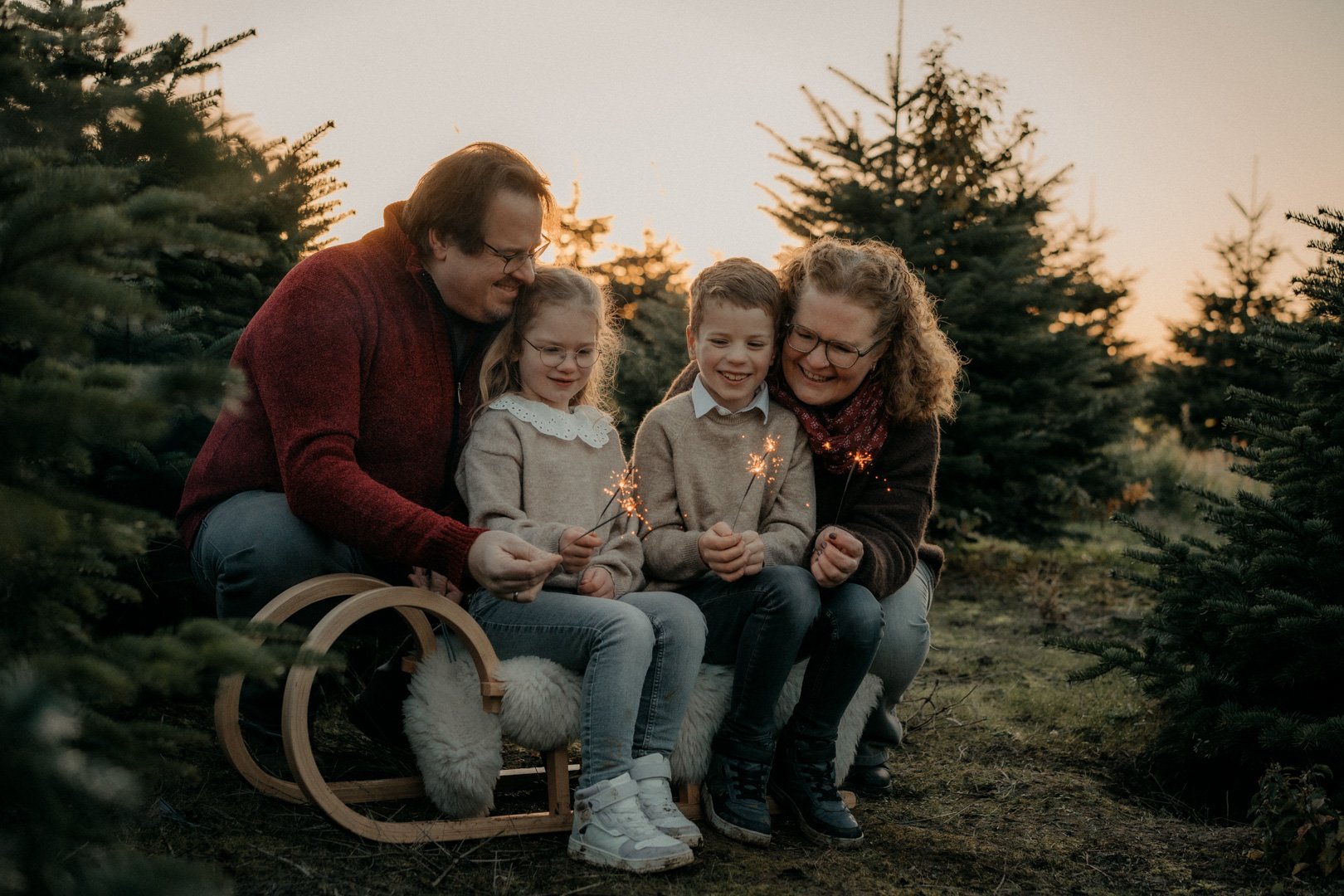 Familie hält Wunderkerzen zwischen Tannenbäumen.