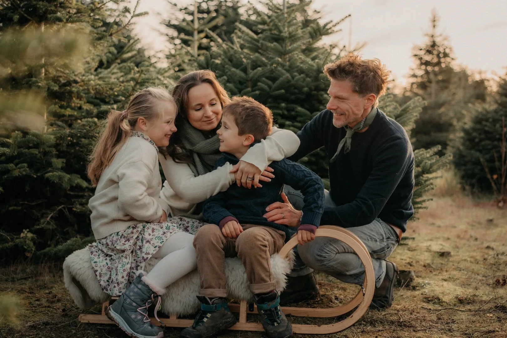 Familie sitzt lacht zwischen den Tannen auf einem Schlitten im schönen Licht.