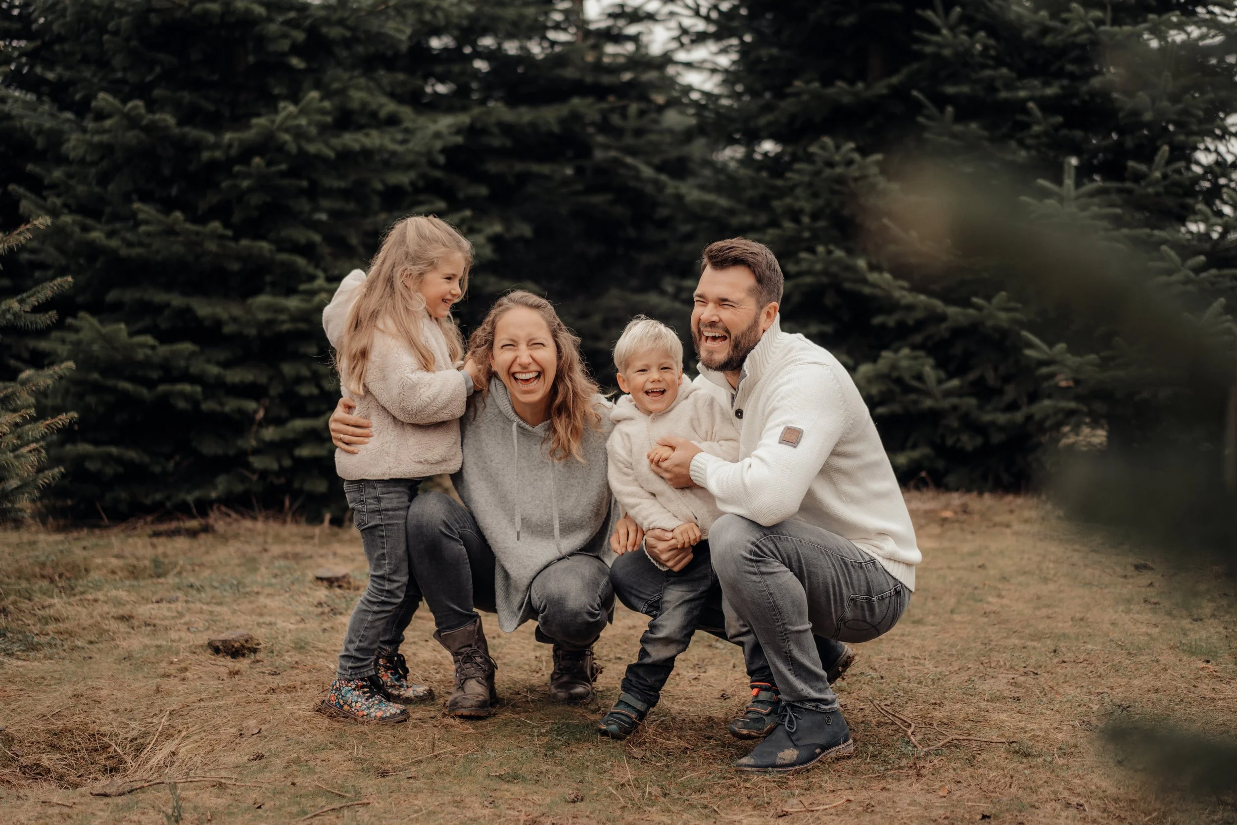 Herzlicher Moment einer Familie zwischen den Tannen