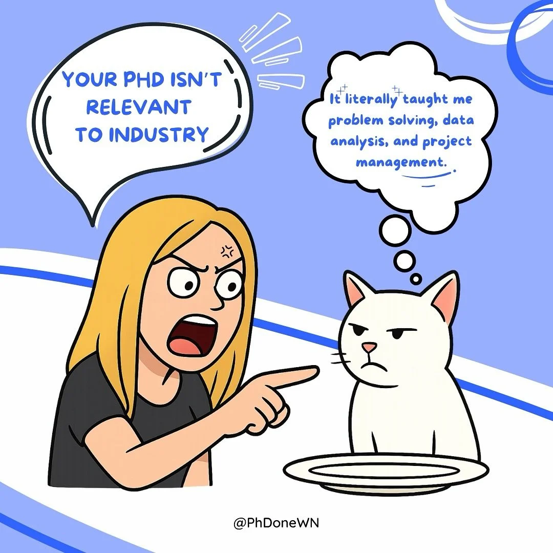 😼 Ever been told your PhD &ldquo;isn&rsquo;t relevant&rdquo; to industry? It is a frustratingly common misconception that overlooks the fact that years of advanced research train you in problem solving, critical thinking, data analysis, and project 