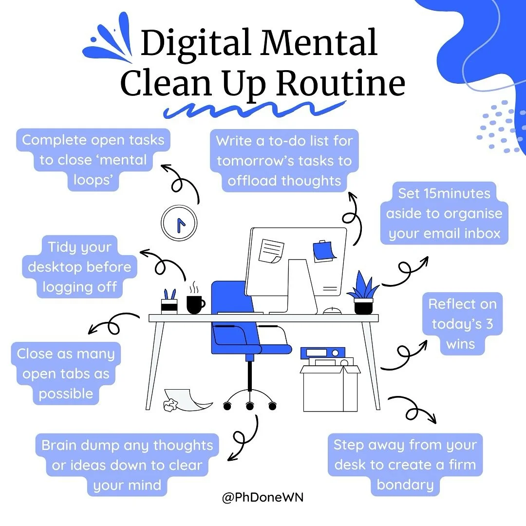 🧹 Ever log off after a long academic day, only to feel like your brain is still buzzing with open tabs, unfinished tasks, and unanswered emails? That mental clutter can be just as exhausting as the workload itself, and it often spills over into your