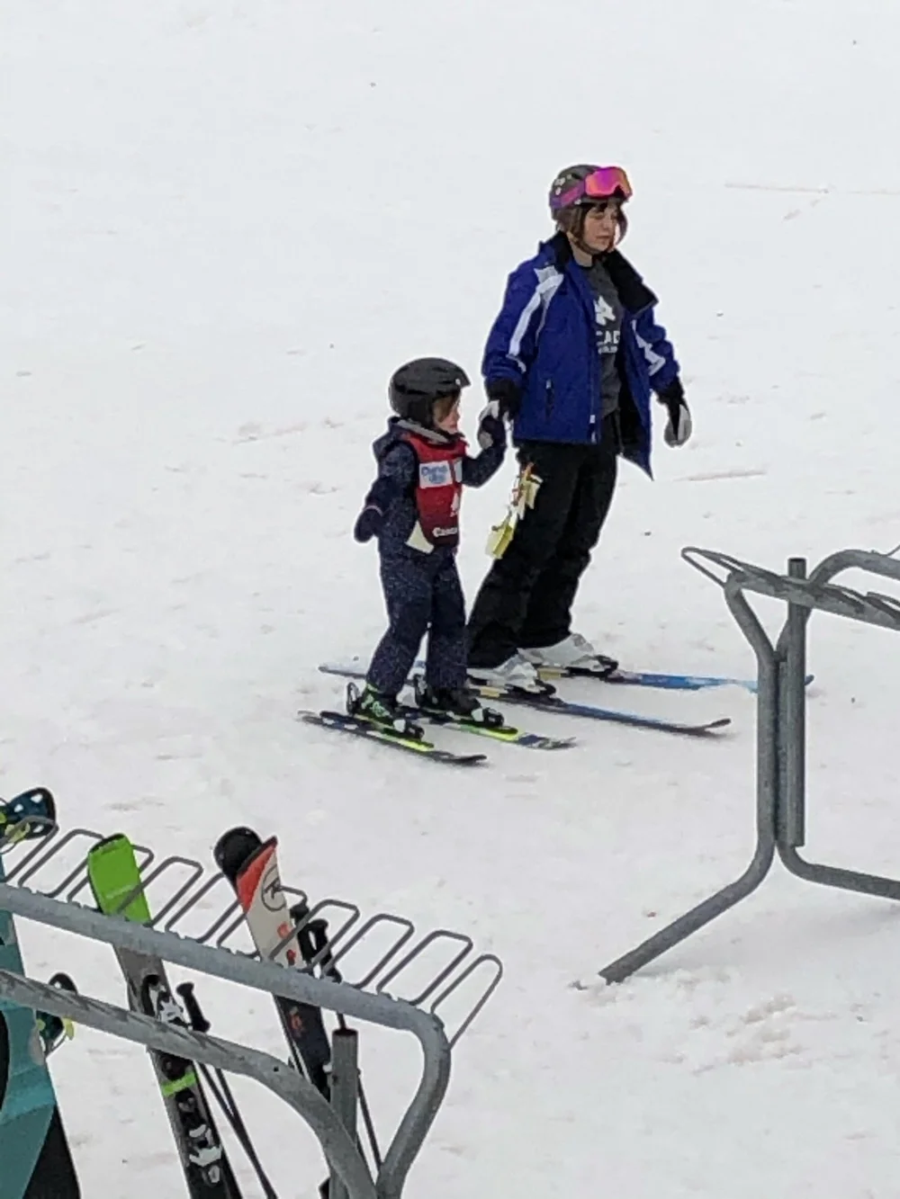 Holding hands: Z's first ski day at Cascade