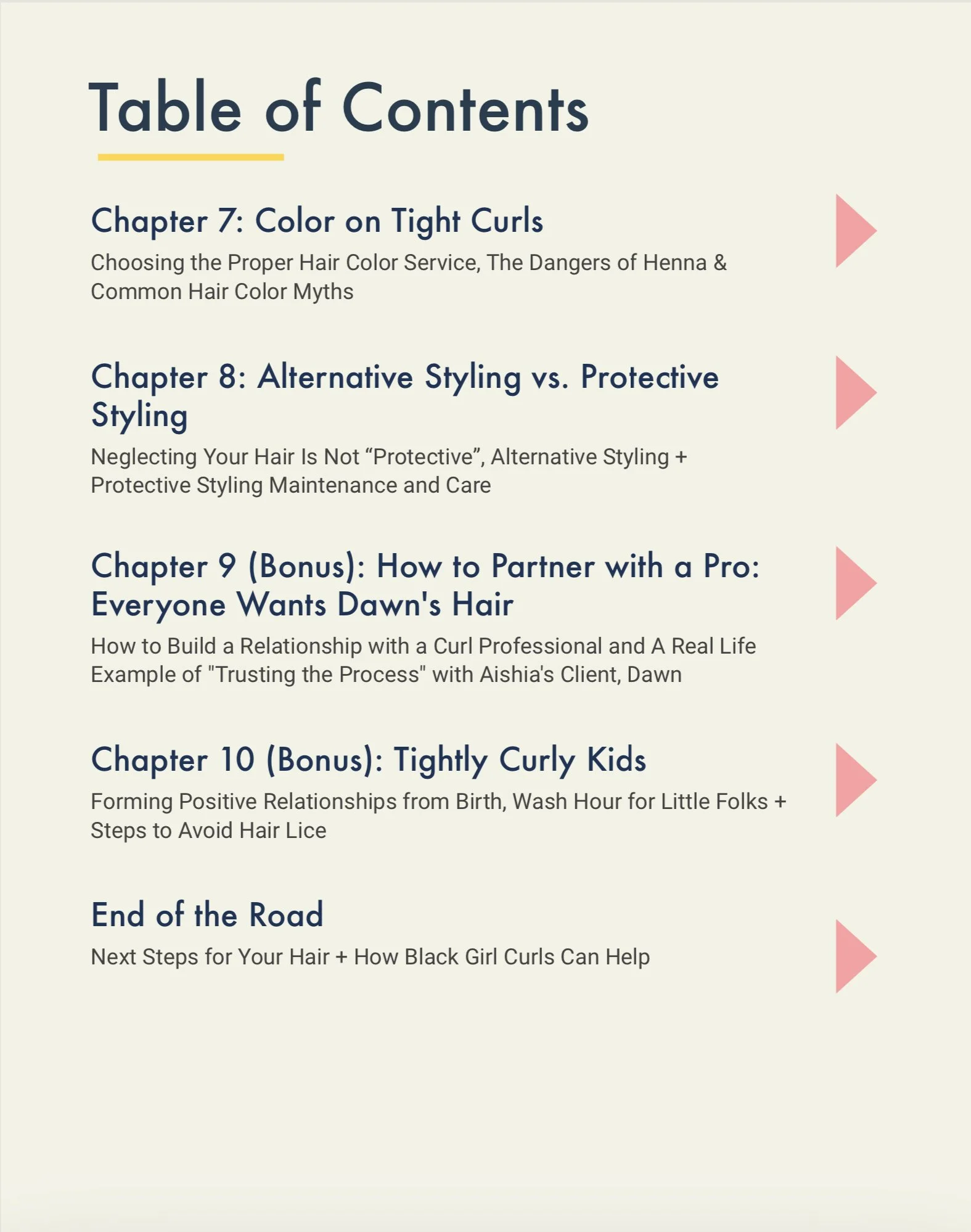 Table of contents page with chapters on hair styling, coloring, and caring for curly and kinky hair, numbered with pink arrow icons on the right side.
