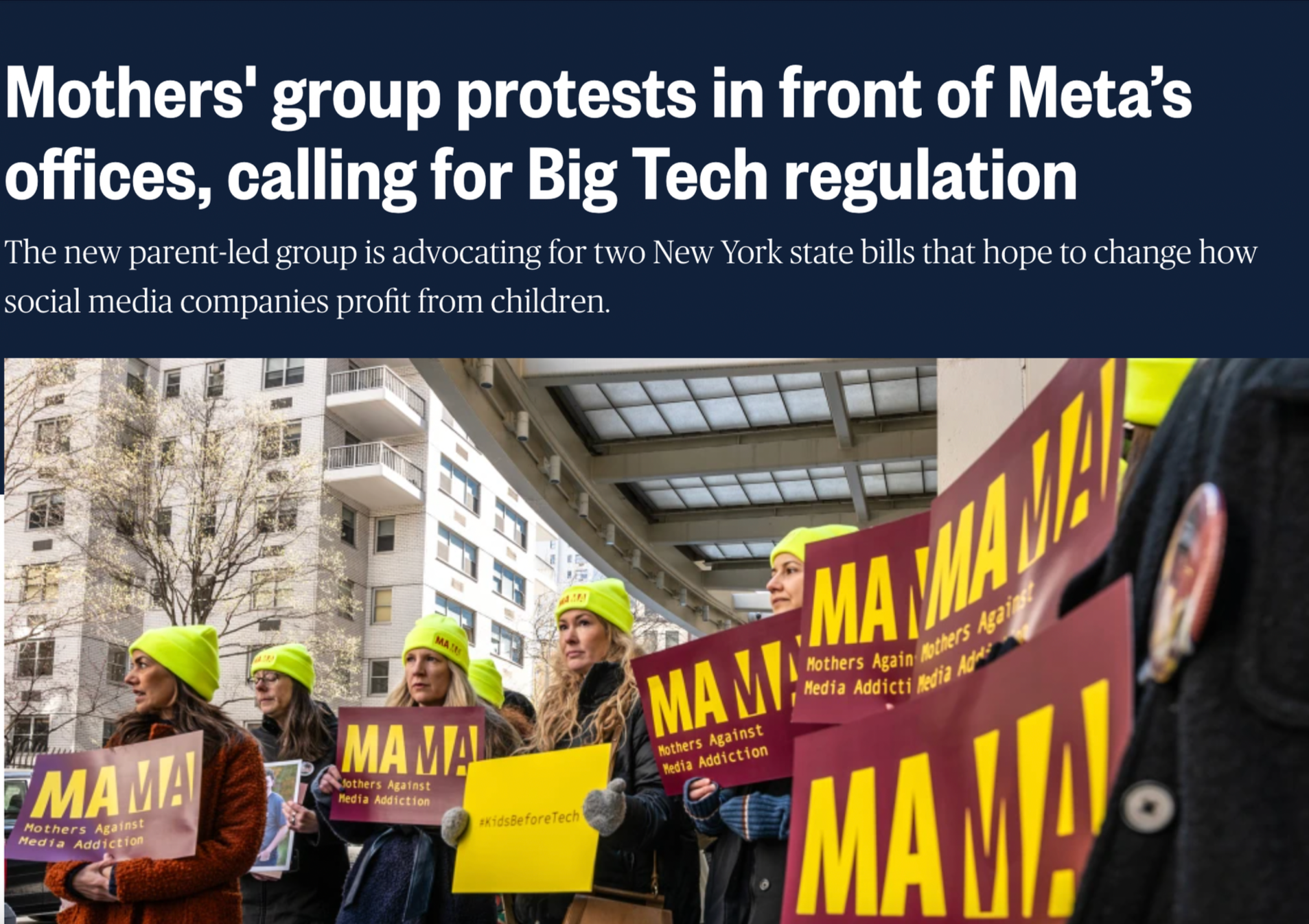 Jessica Elefante and Mothers Against Media Addiction (MAMA) members rallying outside Meta's Manhattan office in March 2024, demanding accountability for youth social media addiction and calling for safer technology and support for the SAFE Act. The p