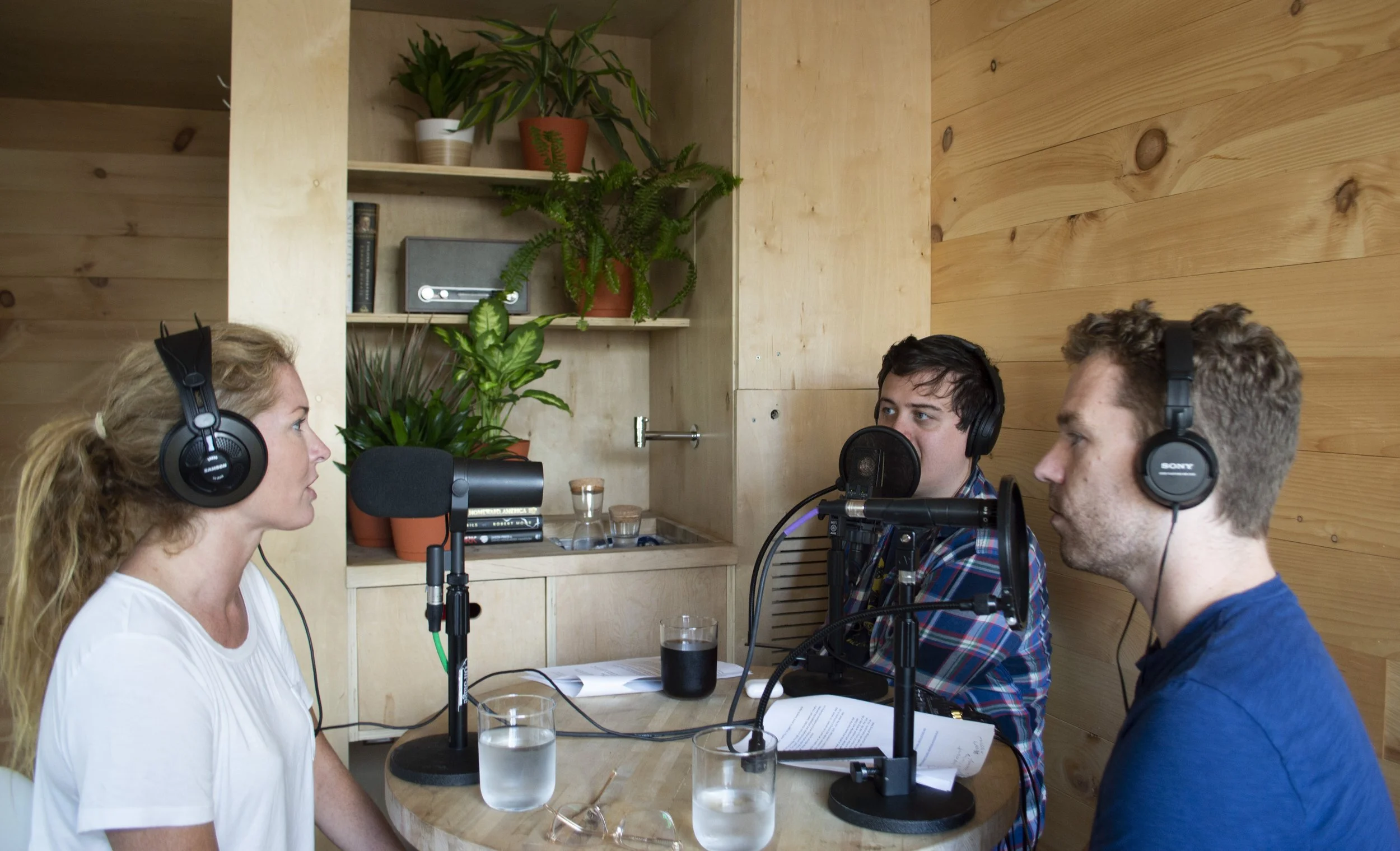 Jessica Elefante with author Pete Davis and Getaway CEO Jon Staff recording The Getaway Podcast, a series on disconnecting from technology and finding balance in nature.