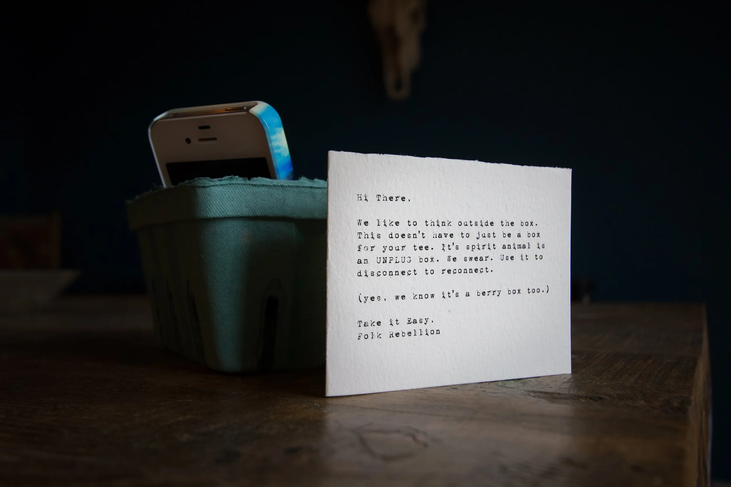 Folk Rebellion Unplug Box created by Jessica Elefante as a physical place to put away a phone and reconnect offline.