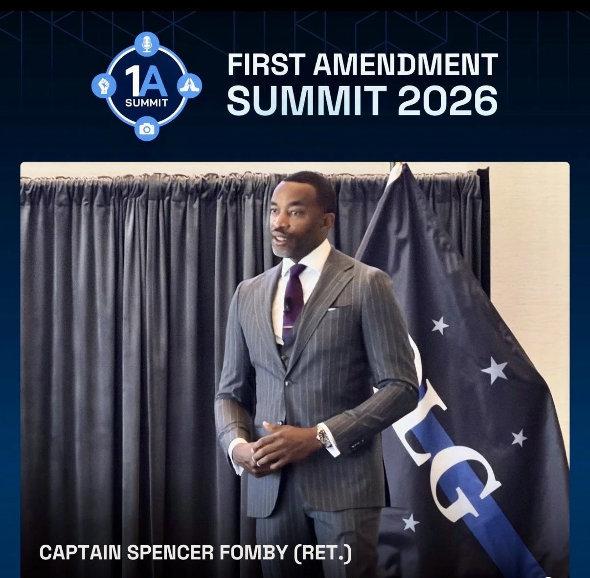 Spencer Fomby speaking at the 2026 DLG First Amendment Summit