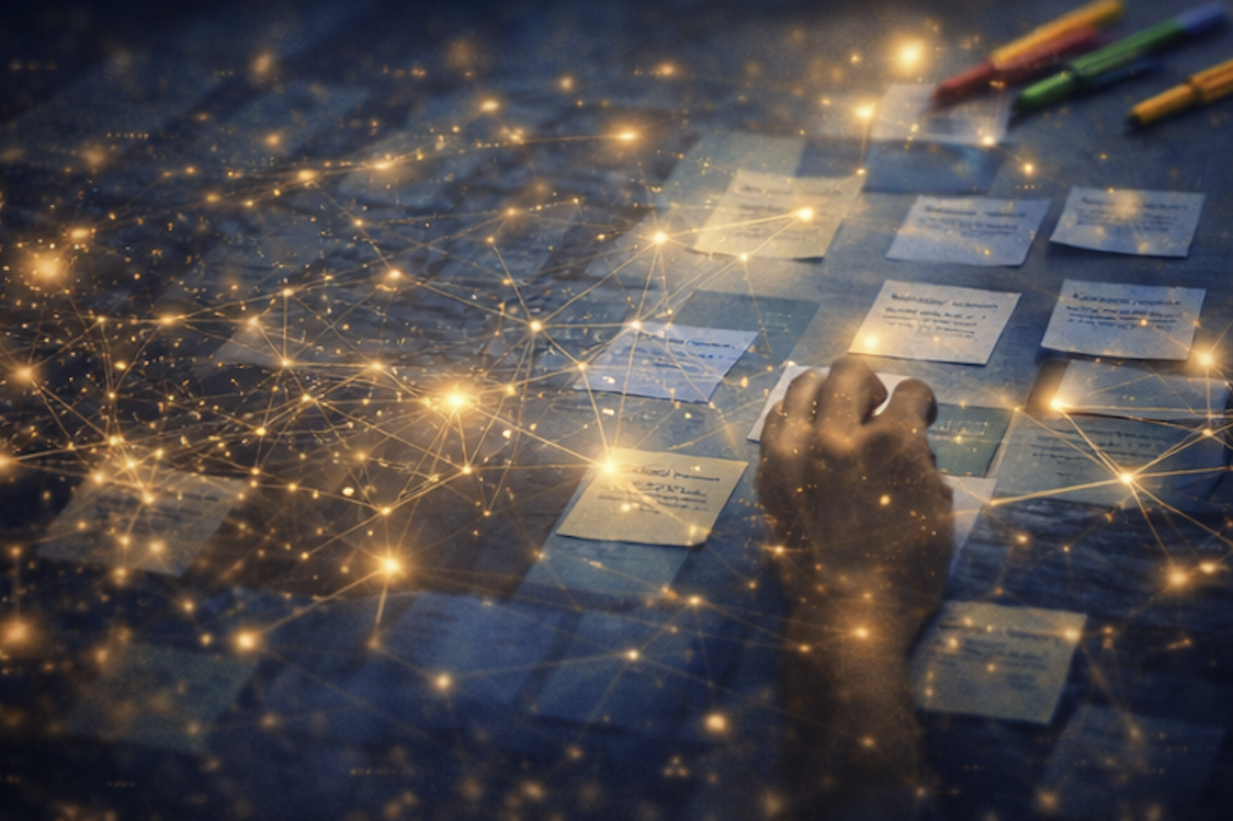 A person's hand arranging notes on a table with colorful markers nearby, overlaid with a digital network of glowing points and connecting lines.