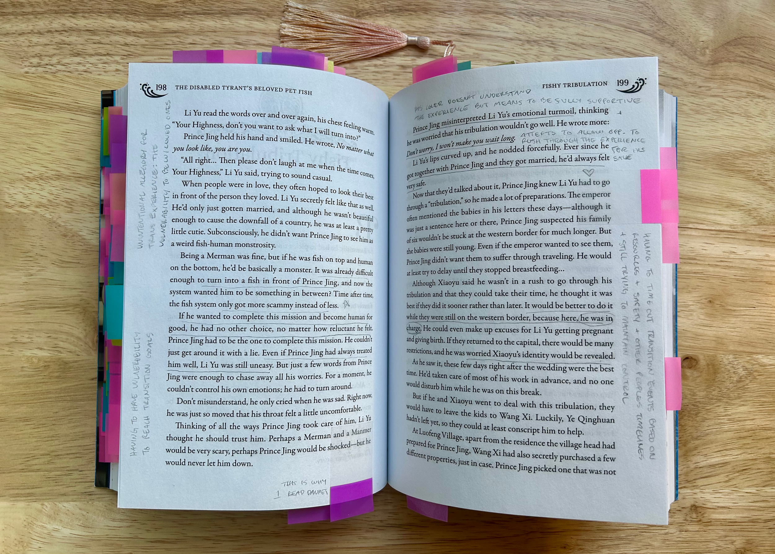 A book laying open with annotations written on the pages