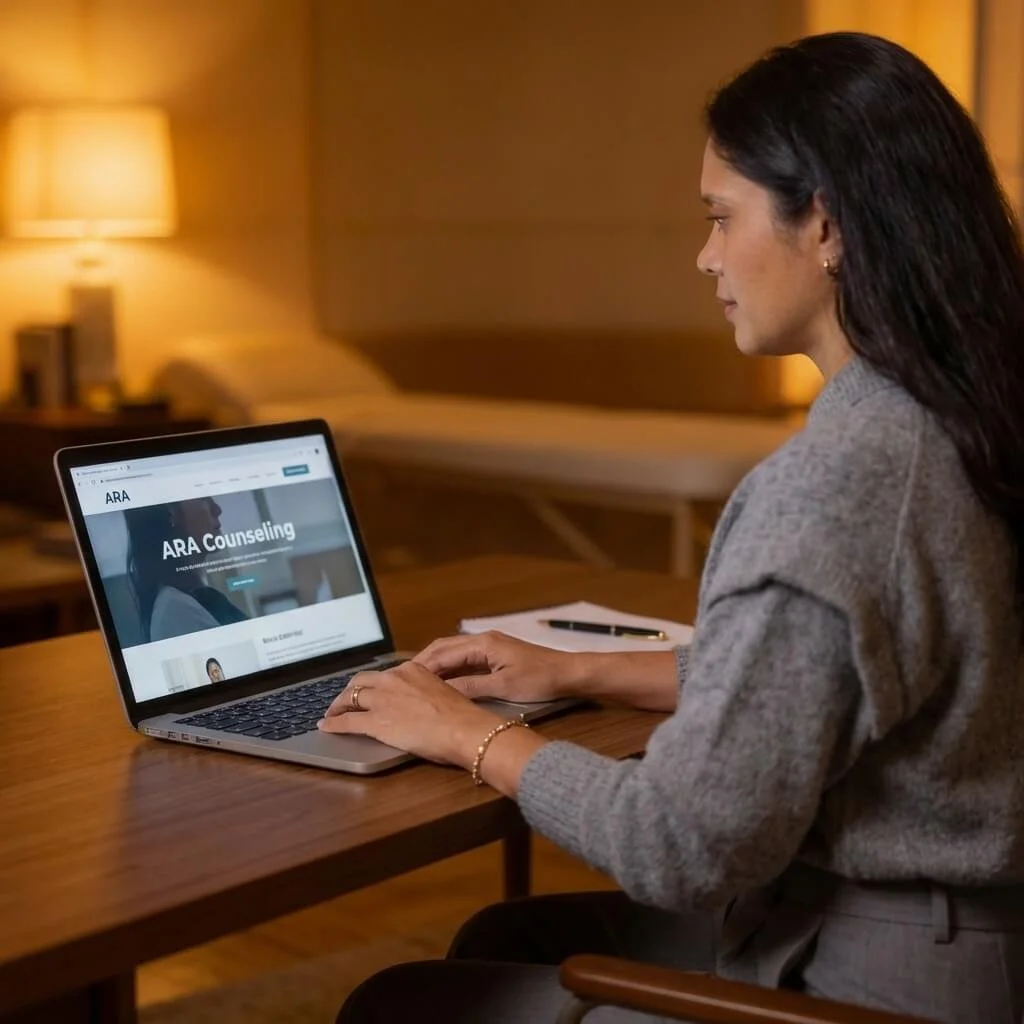 Alexis, grief counselor, looking at ARA counseling site