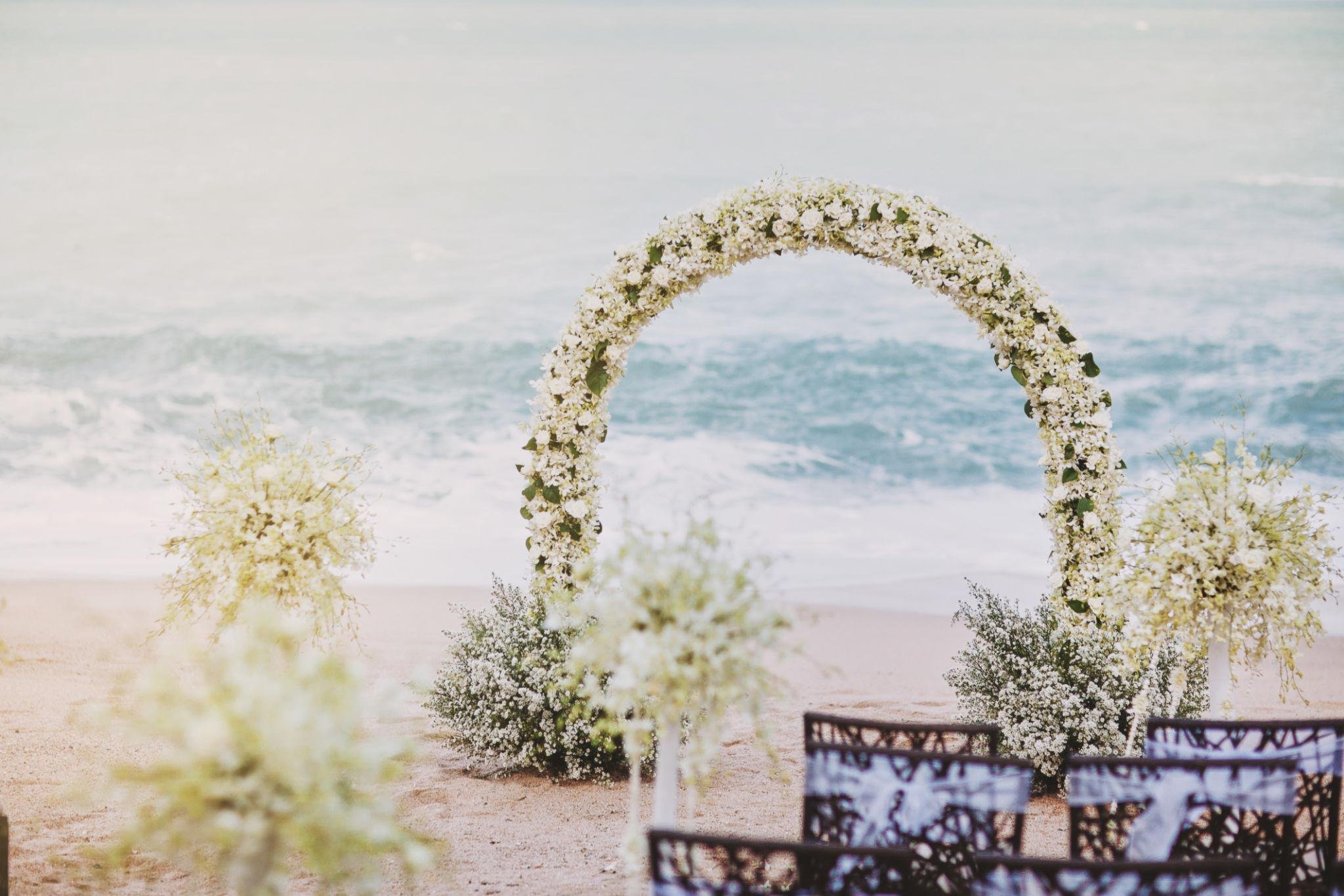 Ceremony Arch in White on Beach in Jamaica For Wedding