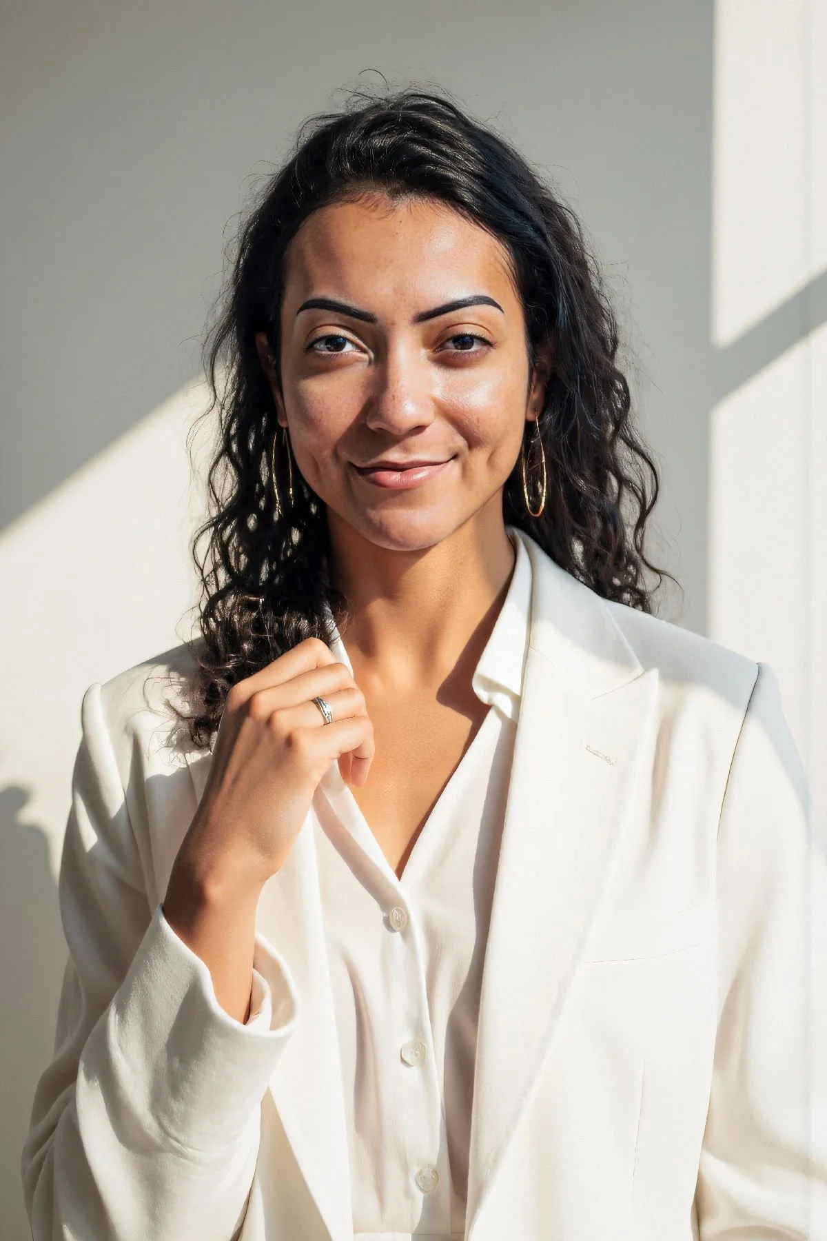 A woman with curly dark hair and light brown skin, smiling gently, wearing a white blazer and gold hoop earrings, standing in sunlight with a shadow on a white wall behind her.