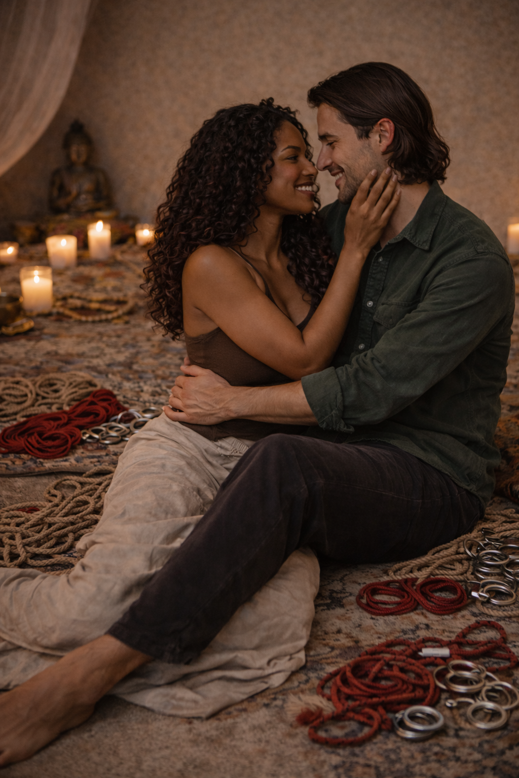 A couple sitting on a rug, face to face, smiling and touching foreheads in a cozy, candlelit room with a Buddha statue in the background. The woman has curly hair and the man has long, dark hair.