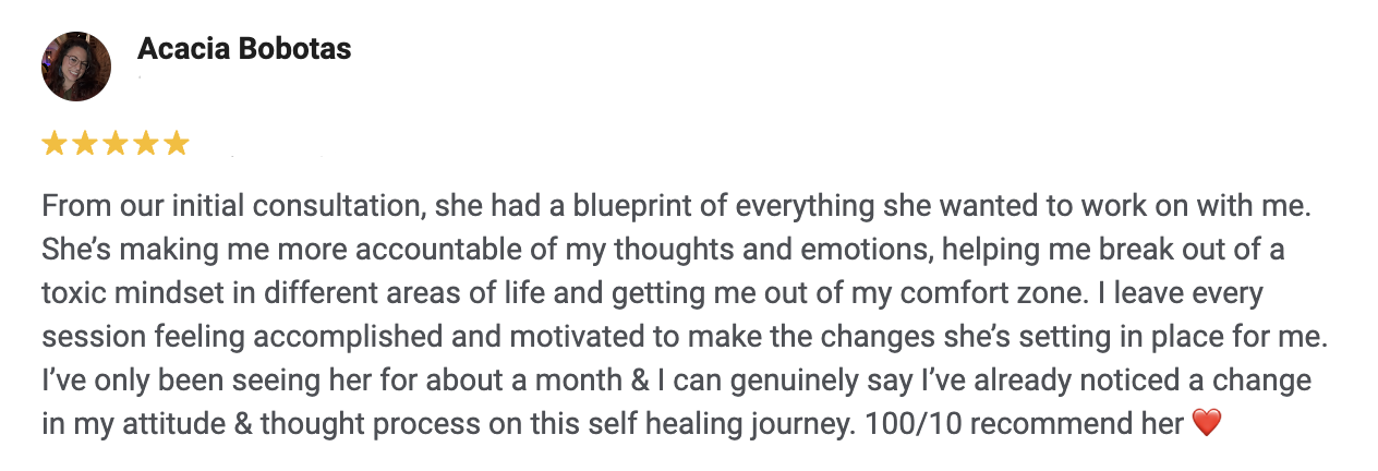 Screenshot of a 5-star review written by Acacia Bobotas praising a coach for helping her with personal growth and emotional accountability.