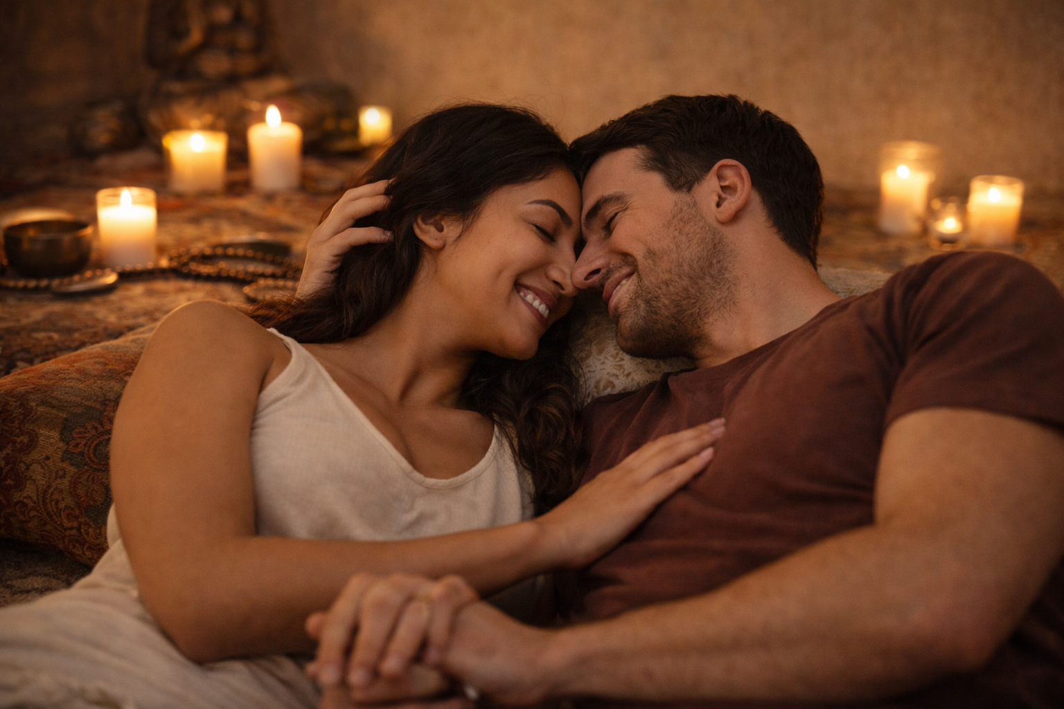 A couple lying close together, smiling, with candles in the background.
