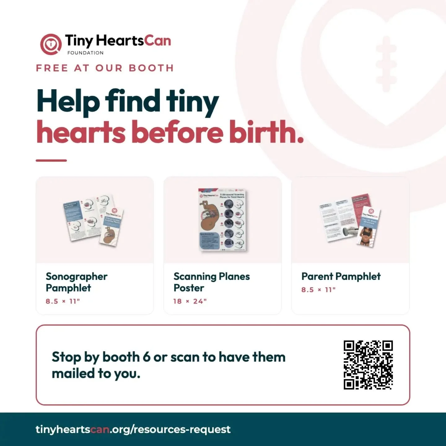 Our Sonographer Pamphlet, Scanning Planes Poster and Parent Pamphlet are free for you and your clinic. Grab them at booth 6 or sign up at;

www.tinyheartscan.org/resources-request 

#CHD #1in100 #Sonography