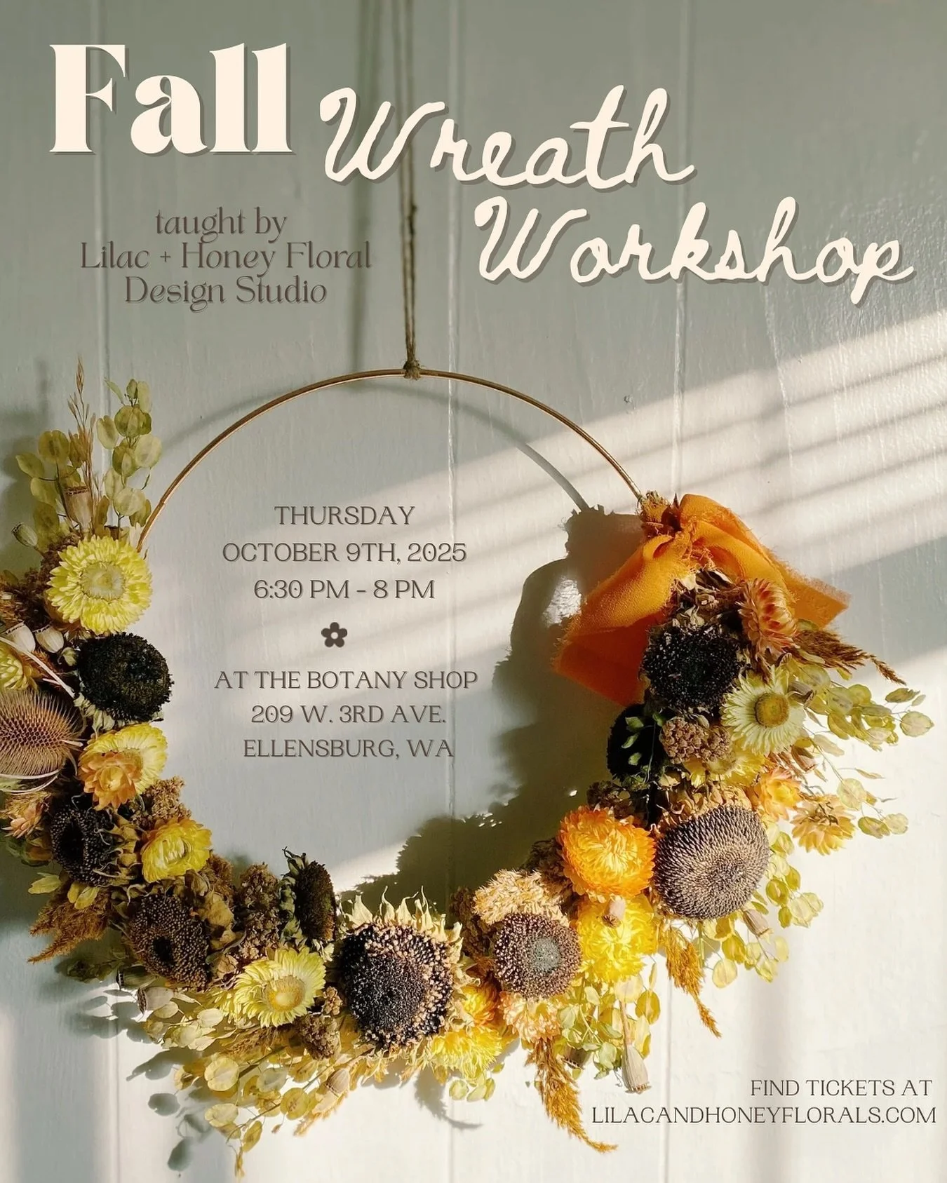 🍂 Fall Wreath Workshop 🍂
Celebrate the magic of autumn with us! Enjoy a cozy evening of creativity as you design your very own dried floral wreath.

✨ All materials provided
🍇 Seasonal snacks + beverages provided
🌿 Perfect for all skill levels
🤎