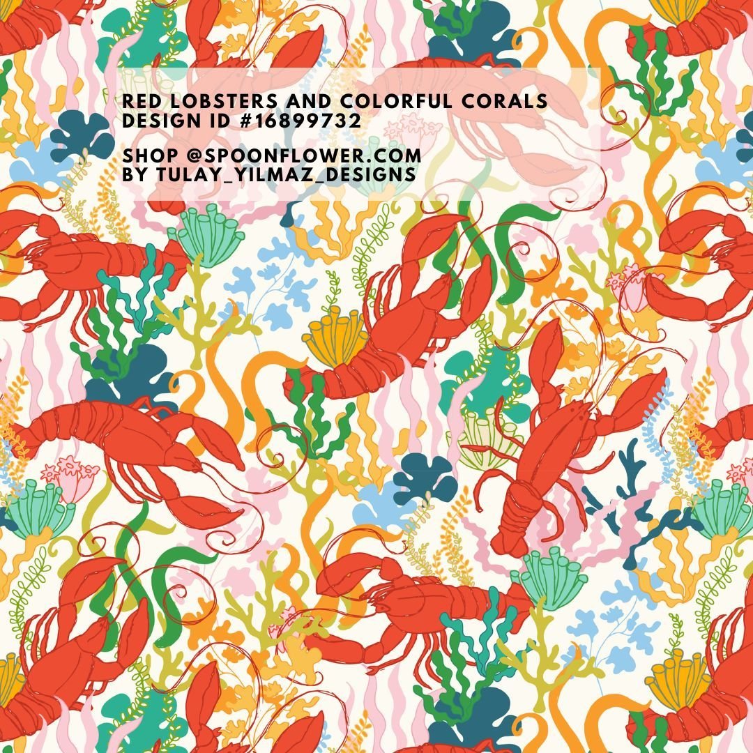 Red Lobsters and Colorful Corals 
Design id #16899732 
Shop @spoonflower.com

Artist friends, if you happen to be voting for the Crustacean Core challenge, this is my entry and I would love your vote 🥰
.
.
.
#fabricpatterns #fabricdesigns #fabricdes