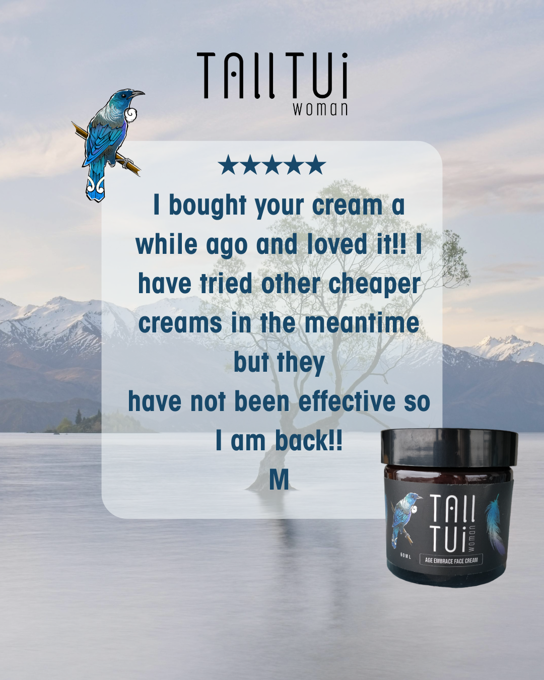 Background image of a lake & mountain with a skincare testimonial overlay
