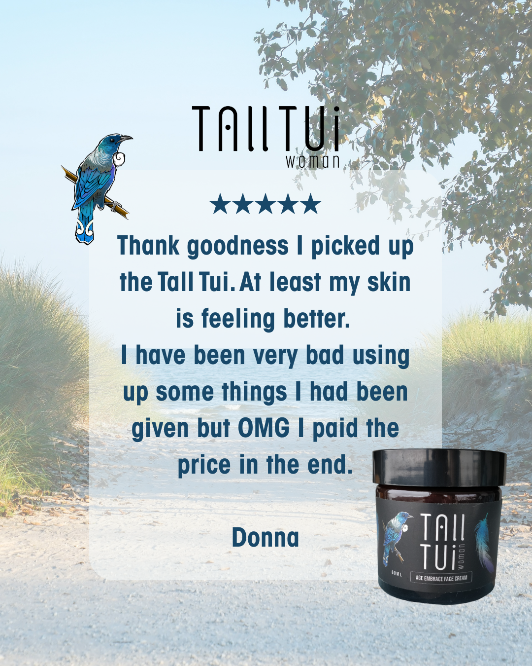 Background of a beach and greenery with a skincare testimonial overlay