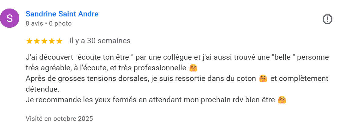 Avis de Sandrine Saint Andre daté d'octobre 2025, avec cinq étoiles et un commentaire positif sur une expérience professionnelle en massages Bien-être avec Michèle.