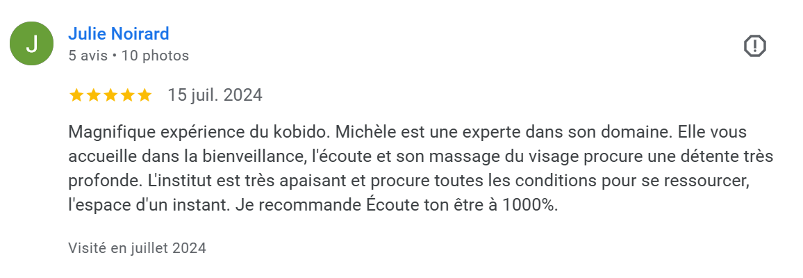 Avis positif décrivant une expérience avec Michèle, une experte en massage liftant du visage japonais KOBIDO, une belle découverte.