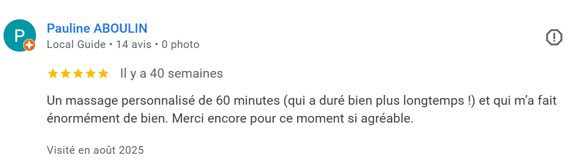 Avis d'un client mentionnant un massage personnalisé d'une durée de 60 minutes, datant d'août 2025.