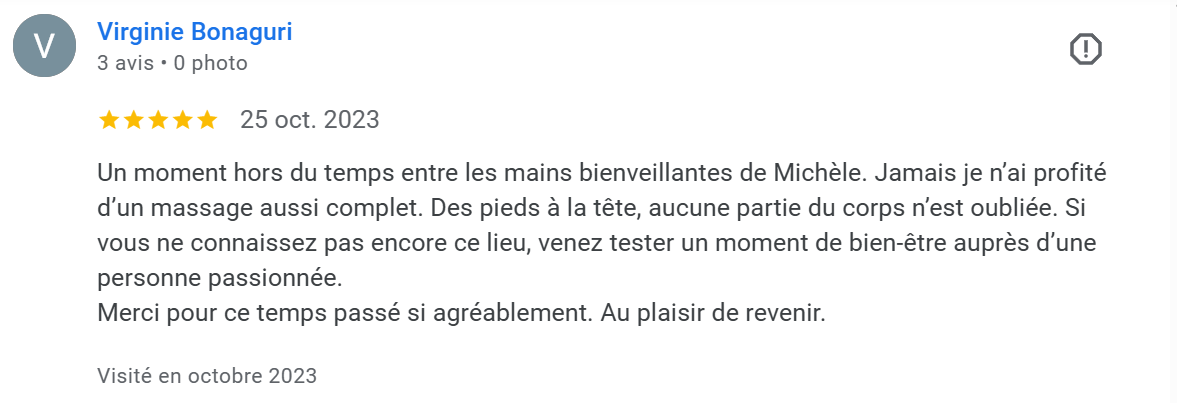 Avis d'une cliente sur une expérience de massage, exprimant sa satisfaction et recommandant le service.