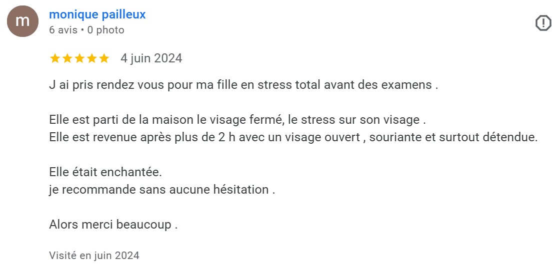Avis en ligne du 4 juin 2024 par Monique Pailleux, rendant hommage à une service de soin ou de bien-être pour sa fille. L'avis mentionne une expérience positive après une séance ou un traitement.