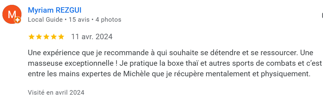 Avis d'un client, Myriam Rezgui, recommandant la boxe thaï et d'autres sports de combat en avril 2024.