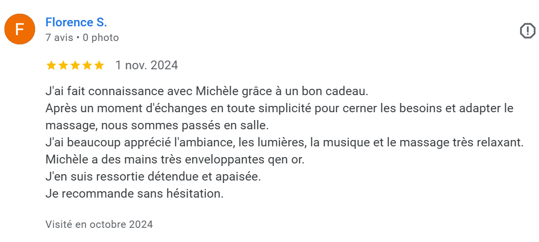 Avis positif d'une séance de massage, avec une note de 5 étoiles.