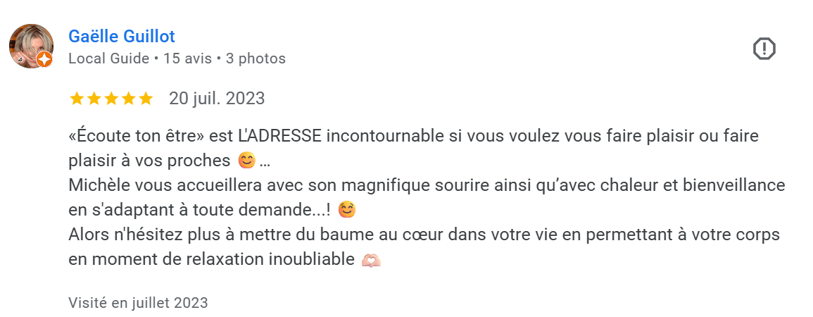 Avis positif avec étoiles, photo de profil de Gaëlle Guillot, recommandant ce service de bien-être et de soin, mentionnant Michèle et l'utilisation de baume pour la relaxation.