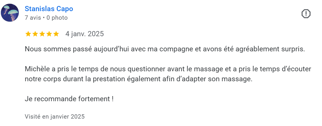 Avis en ligne avec 5 étoiles, date 4 janvier 2025, commentaire positif sur une expérience de massage