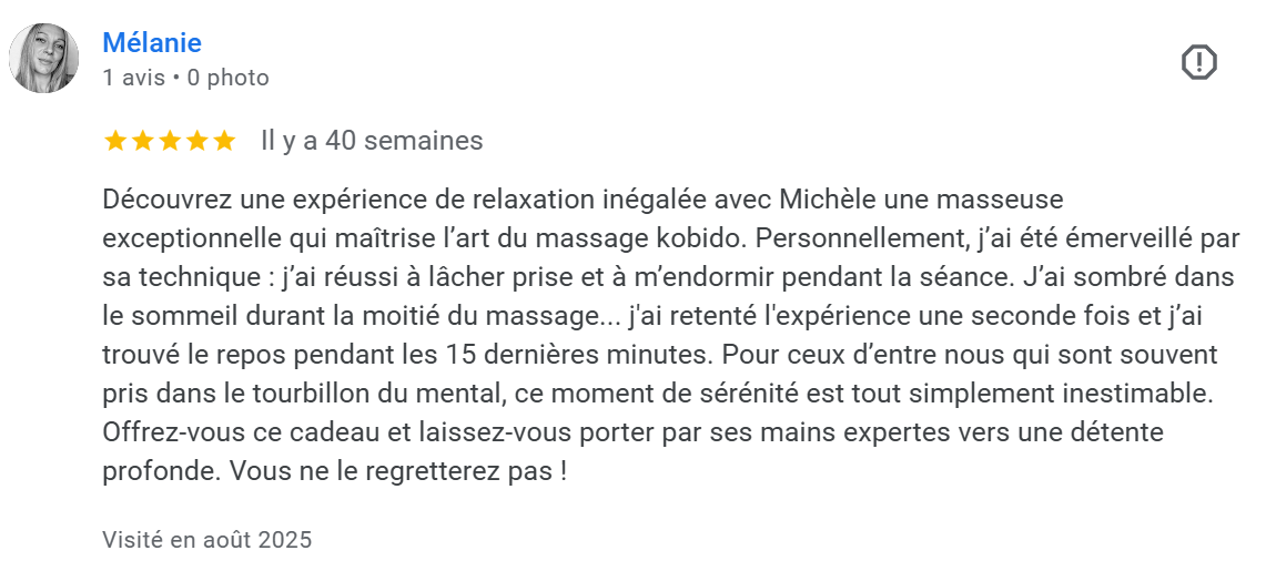 Avis positif sur une expérience de massage relaxant avec une masseuse experte, mentionnant la technique de massage kobido et des moments de détente profonde.