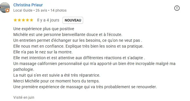 Avis GOOGLE de Christina Prieur, décrivant son expérience de massage par Michèle, mentionnant ses qualités comme écoute, confiance, attention, et efficacité.