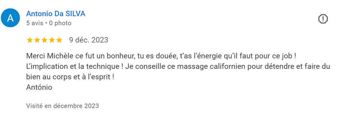 Avis laissé par Antonio Da Silva à propos d'une expérience de massage californien, exprimant sa satisfaction et recommandant la technique.