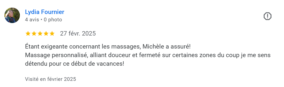 Avis en ligne avec une note de 5 étoiles, publié par Lydia Fournier, daté du 27 février 2025, concernant une expérience de massage personnalisé et relaxant.