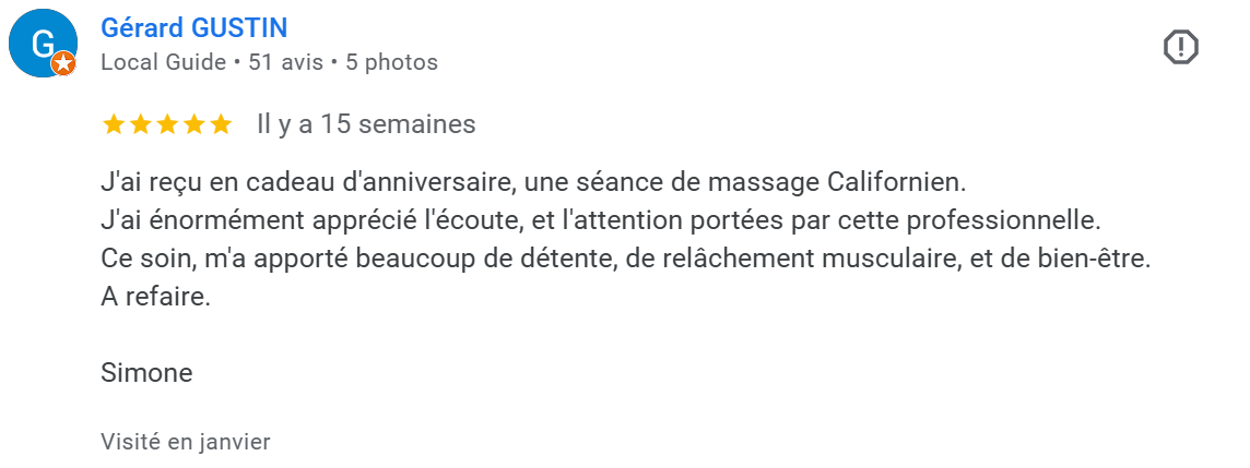 Avis de  Simone, donnant une note de 5 étoiles, parlant d'un massage Californien offert en cadeau d'anniversaire, mentionnant ses effets relaxants et bénéfiques pour le bien-être.