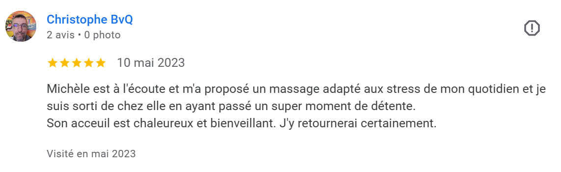 Avis en ligne et une note de 5 étoiles, la date 10 mai 2023, décrivant une expérience positive avec Michèle la masseuse.