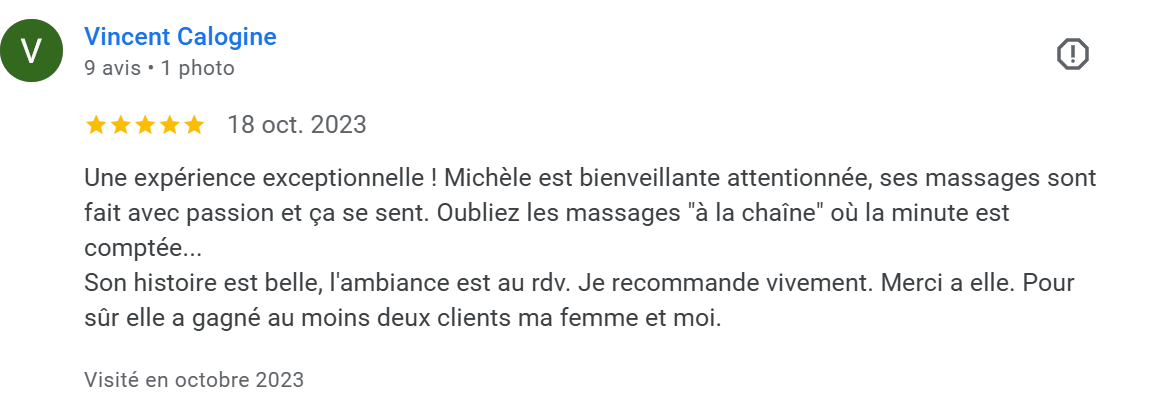 Avis positif pour une expérience de massage avec une thérapeute bienveillante et passionnée.