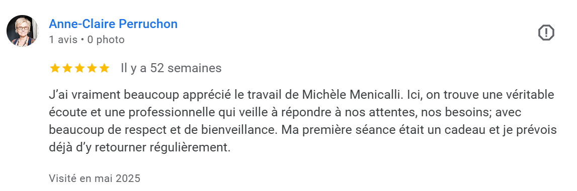 Avis positif laissé par Anne-Claire Perruchon mentionnant la satisfaction du travail de Michèle Menicalli, avec une note de 5 étoiles.